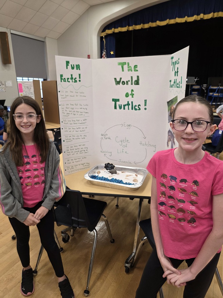 Two students in turtle shirts standing in front of science project about turtles.