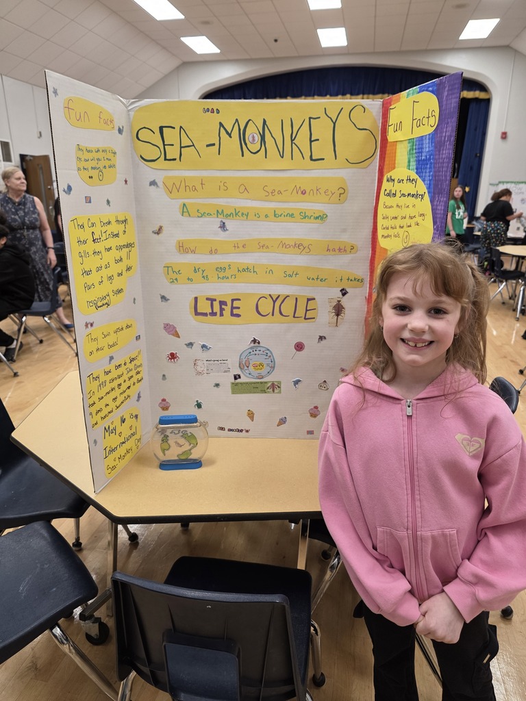 A student standing in front of a yellow sea monkey science fair project.
