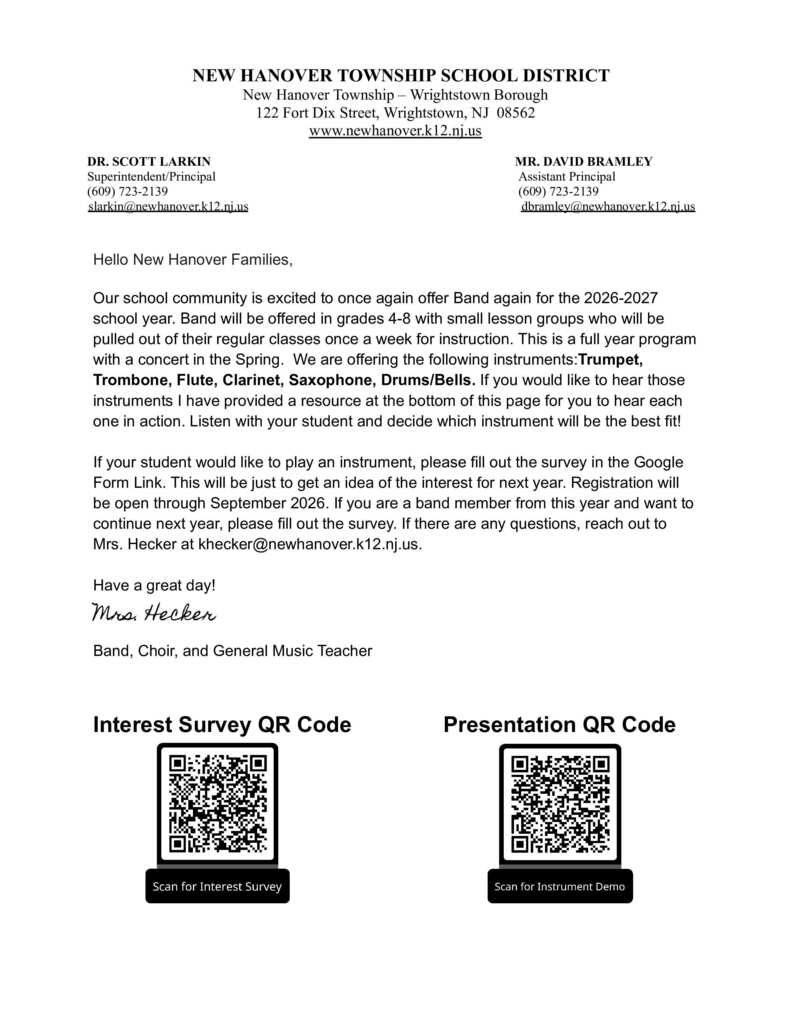 A Letter about Band Sign-Ups for the 2026-2027 school year. At the bottom are two QR codes to complete the sign-up. 