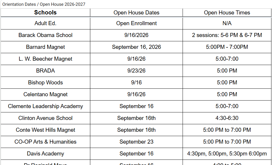 NHPS Orientation Dates / Open House 2026-2027