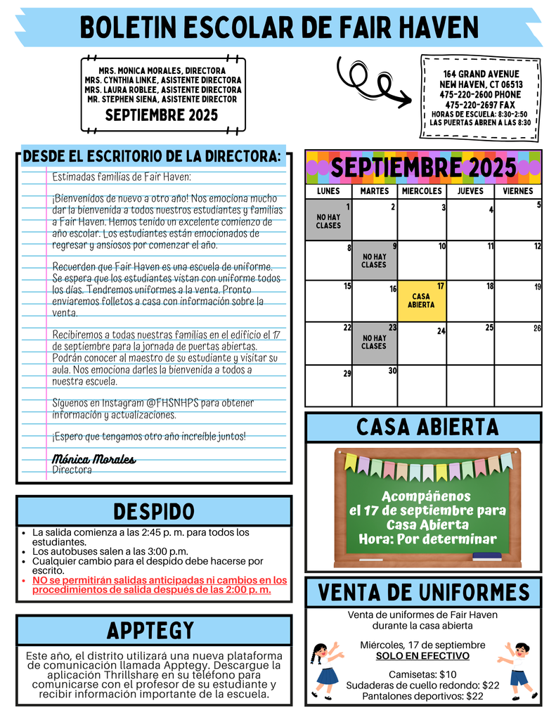Blue and white newsletter with important dates to remember for the month of September 