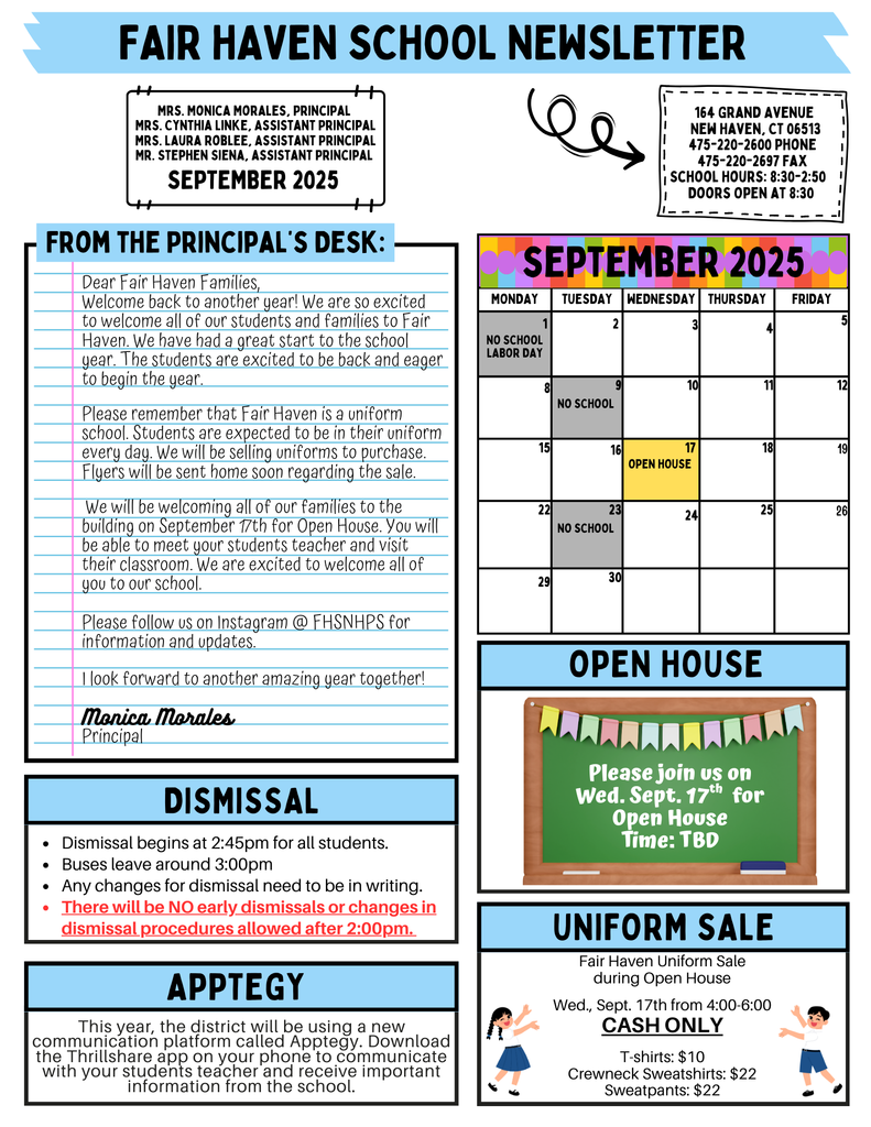 Blue and white newsletter with important dates to remember for the month of September 