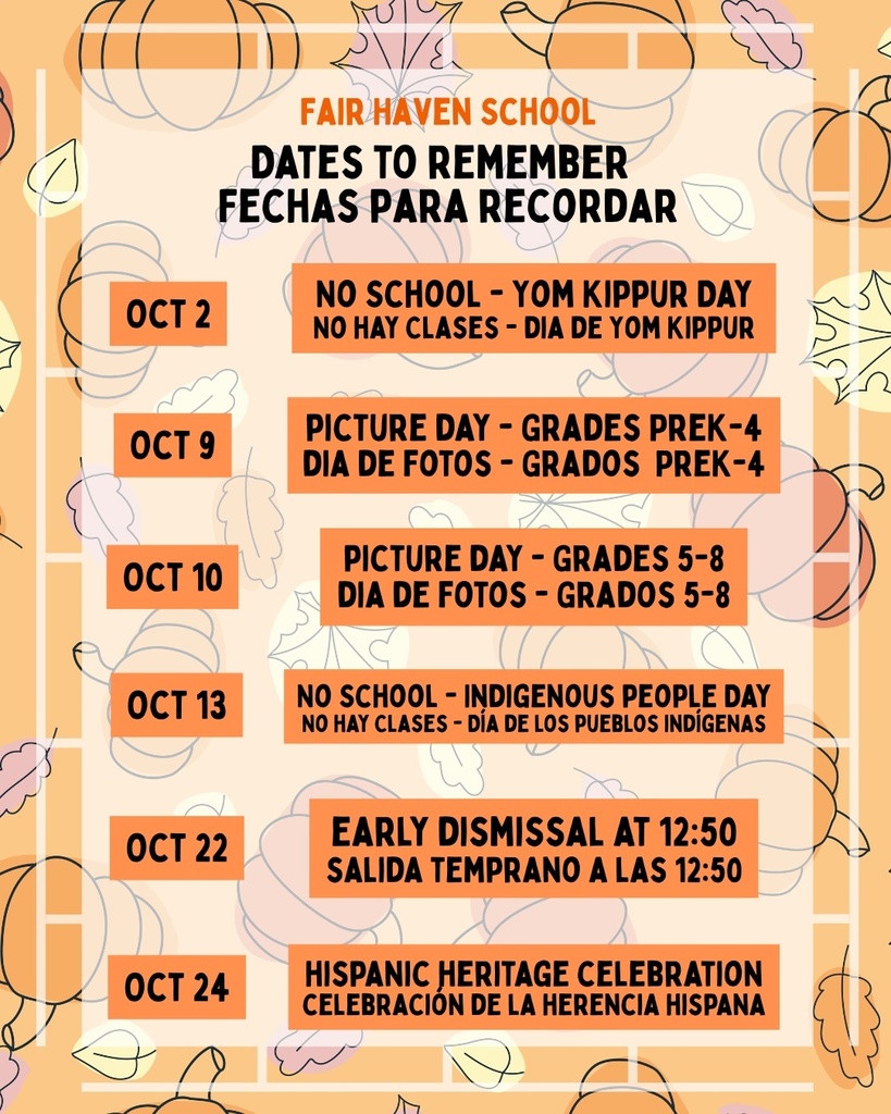 Newsletter with a calendar with important dates and information about the uniform sale and Hispanic Heritage celebration 