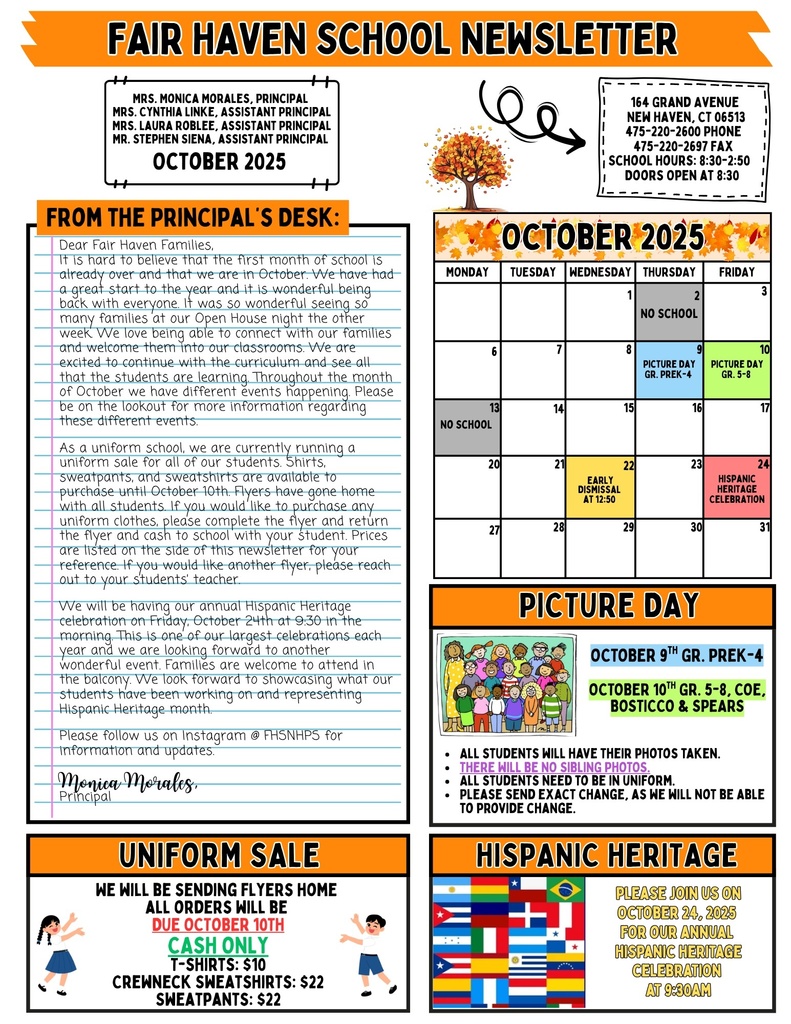 Newsletter with a calendar with important dates and information about the uniform sale and Hispanic Heritage celebration 