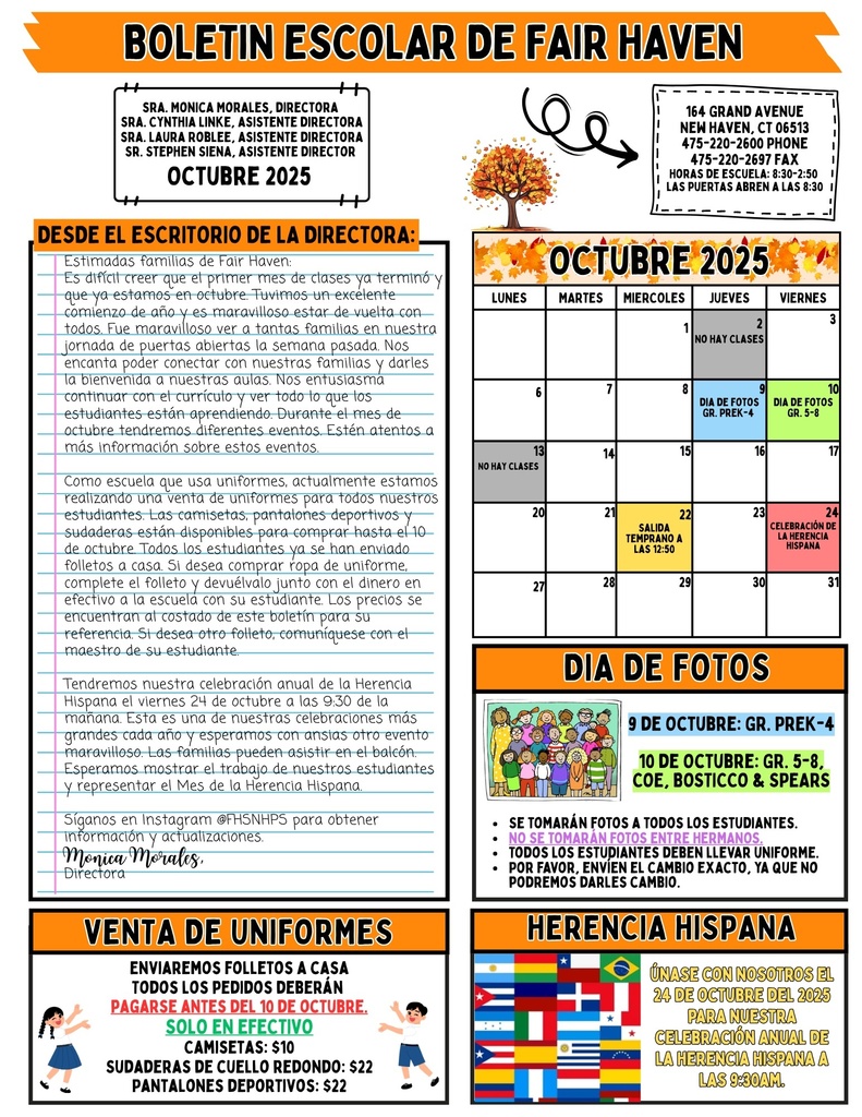 Newsletter with a calendar with important dates and information about the uniform sale and Hispanic Heritage celebration 