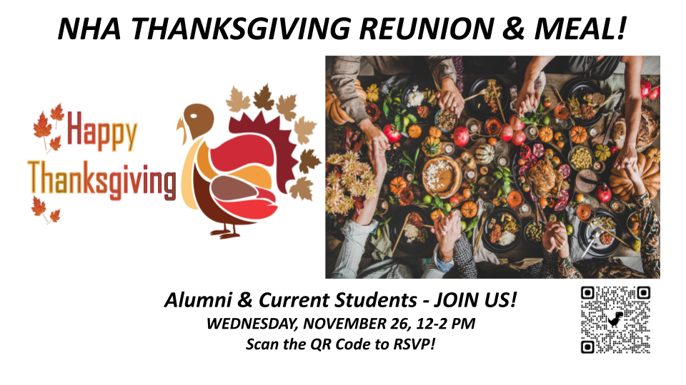 Happy Thanksgiving Message with QR Code to join Reunion Meal on 11/26/25 from 12-2 pm