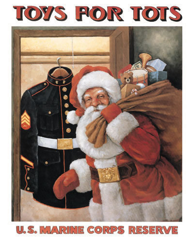 U.S. Marine Corps Reserve Official Toys for Tots Toy Drive Poster - Poster shows Santa Claus with a sack of toys in front of a U.S. Marines Corps Dress Blues Uniform hanging in a closet