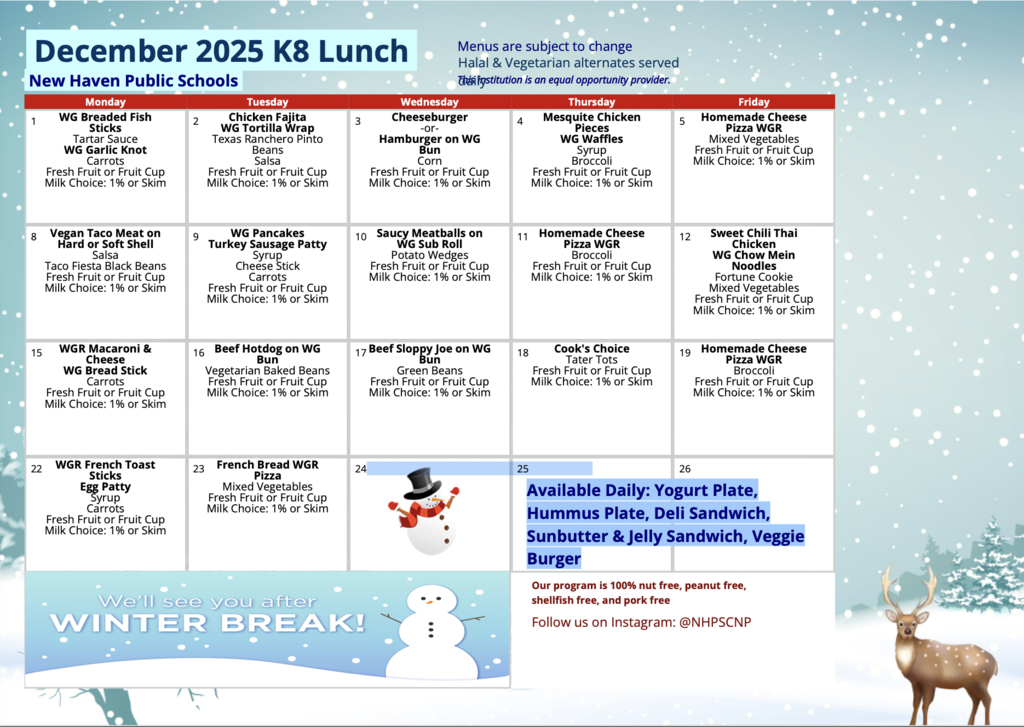 December 2025 Lunch Menu 