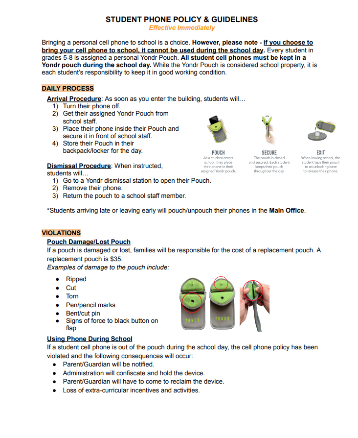 Yondr pouches  for Grade 5 - New Policy - please read!