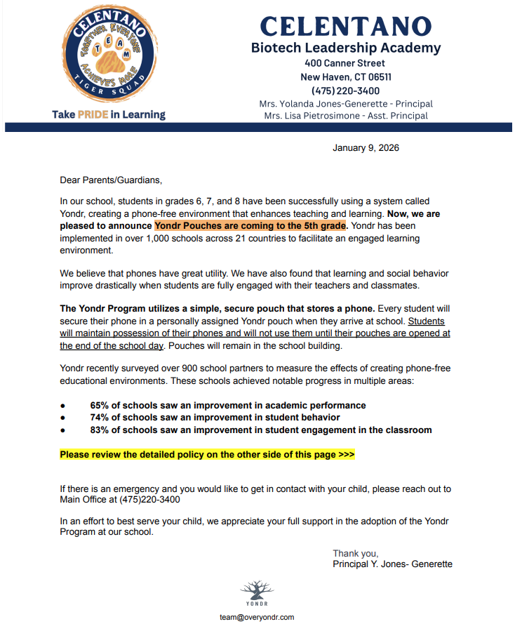 Yondr pouches  for Grade 5 - New Policy - please read!