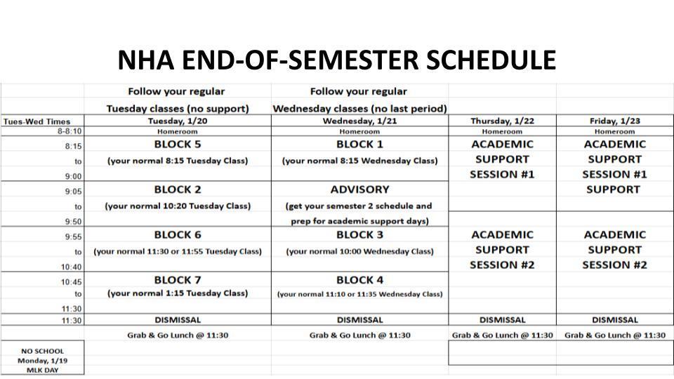 Visual schedule for the end of the semester.