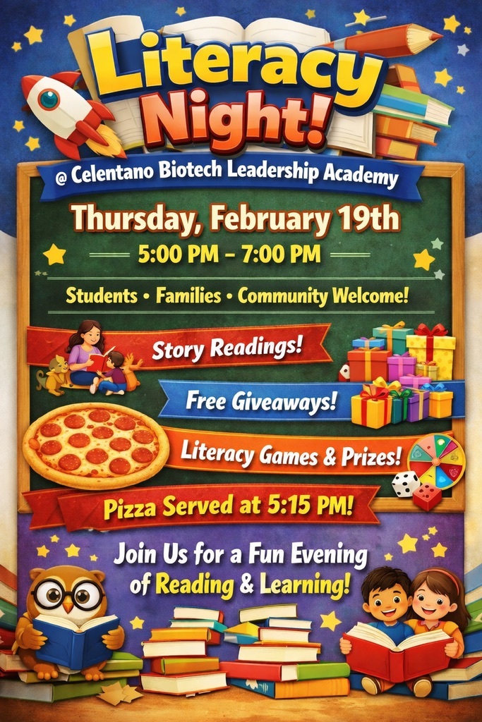 Join us tonight for Literacy Night from 5:00-7:00pm! There will be story readings, literacy games, and prizes. Pizza will be served at 5:15pm. 