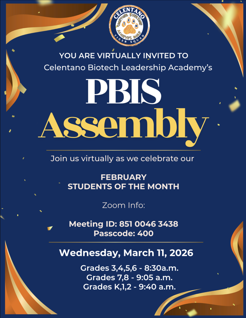 Tiger Squad Families and Friends,  🎉🌟Let's Celebrate our Students of the Month 🎉🌟  Join us virtually for our PBIS Assemblies on Wednesday, March 11th.  Grades 3,4,5,6 - 8:30a.m. Grades 7,8 - 9:05 a.m. Grades K,1,2 - 9:40 a.m.  Join Zoom Meeting https://us06web.zoom.us/j/85100463438?pwd=i3LGiWnVYQbSby5E1sj46wEYUtmkWa.1  Meeting ID: 851 0046 3438 Passcode: 400