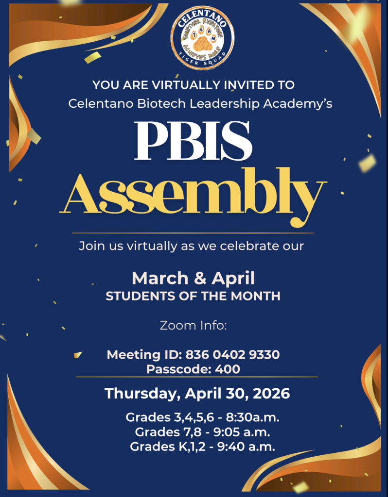 Tiger Squad Community - Our PBIS Assembly is tomorrow - Thursday, April 30th.  See the flyer for your student's grade level time and join the celebration virtually. 