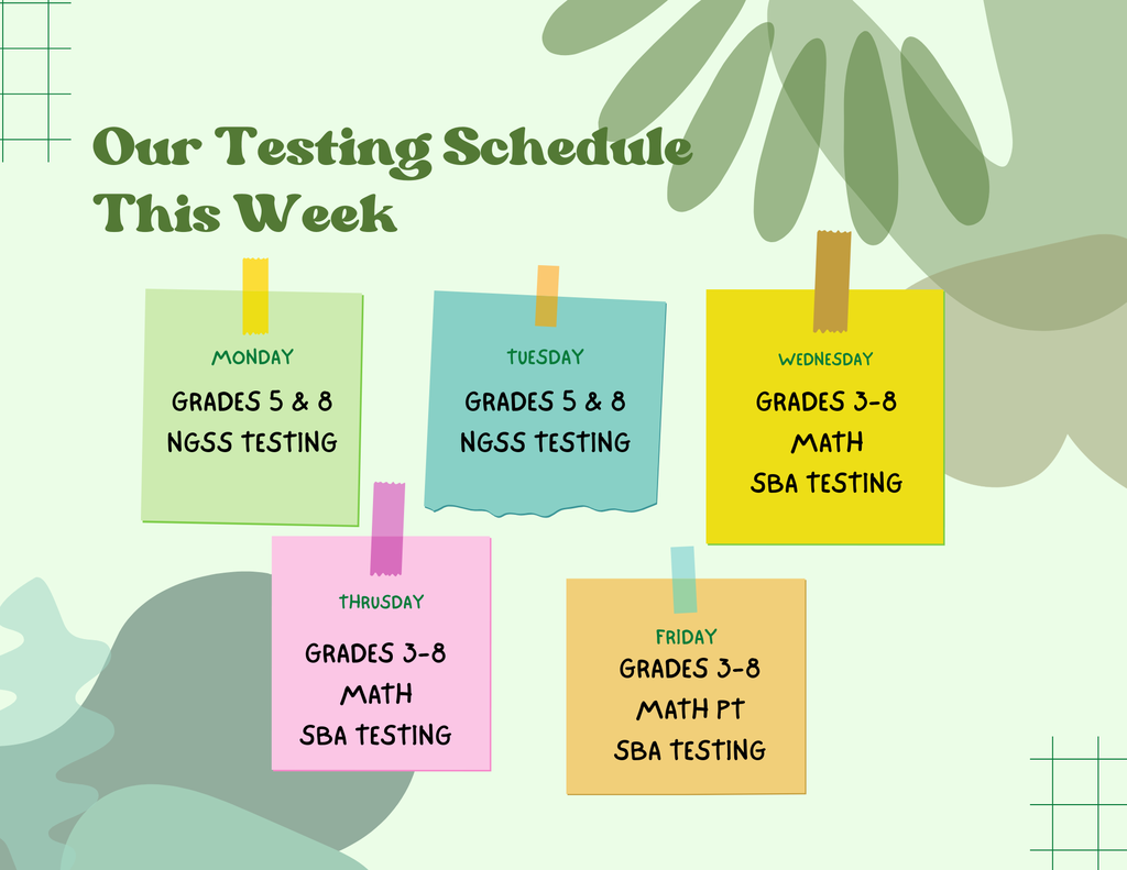 Testing Schedule this week