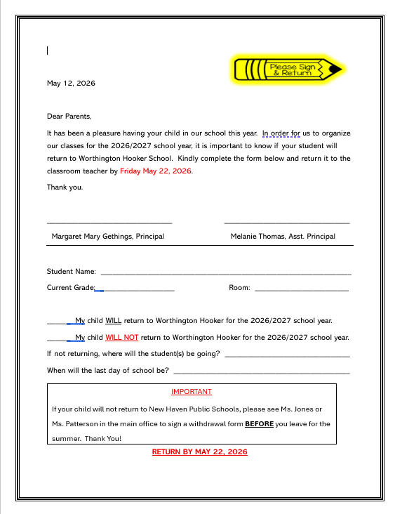 Return to WHS 2026-2027 School Year