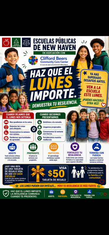 Educational poster in Spanish from New Haven Public Schools and Clifford Beers Community Care Center. The main text reads "HAZ QUE EL LUNES IMPORTE. DEMUESTRA TU RESILIENCIA" (Make Monday Count. Show Your Resilience). It features smiling photos of diverse school-aged children and outlines the benefits of attending school on Mondays, alongside information about a $50 Visa gift card raffle for attendance.