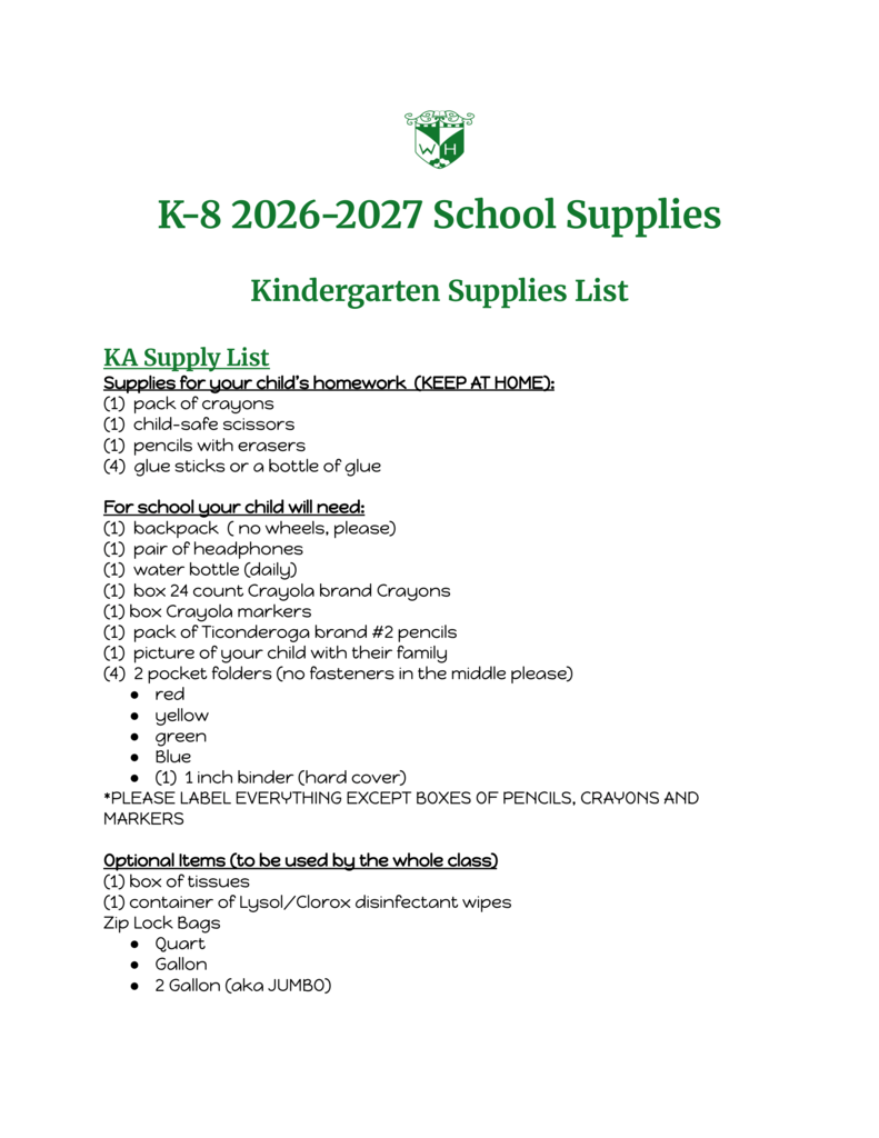 K-8 Supply list