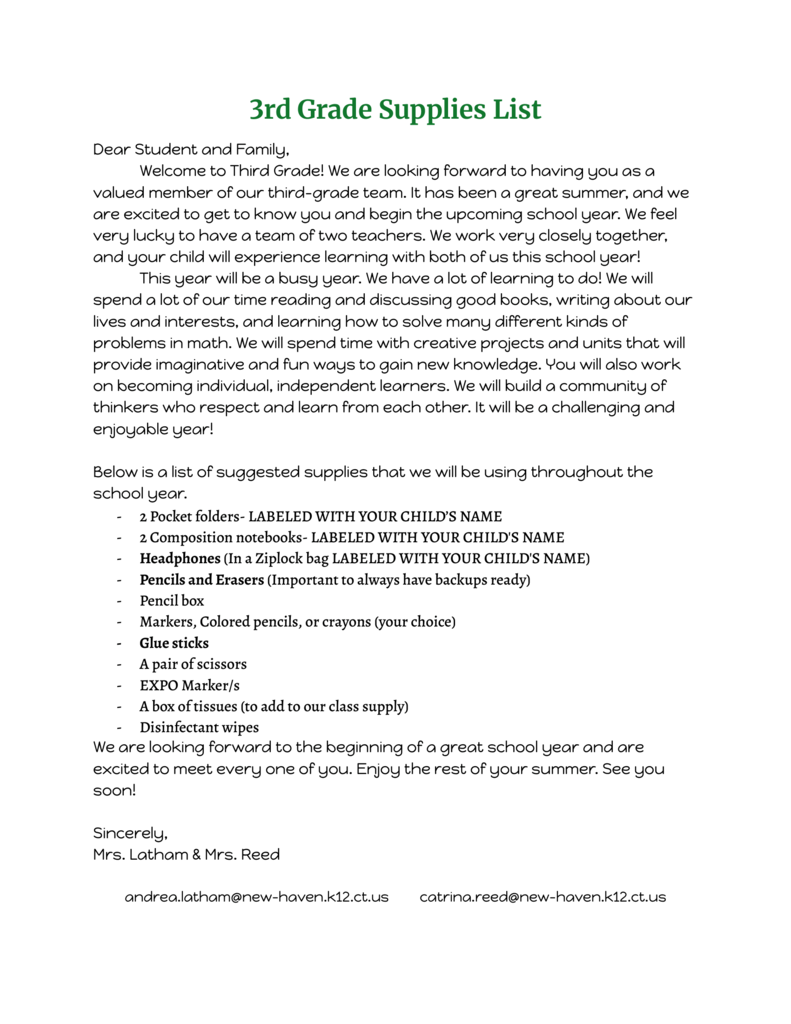 K-8 Supply list
