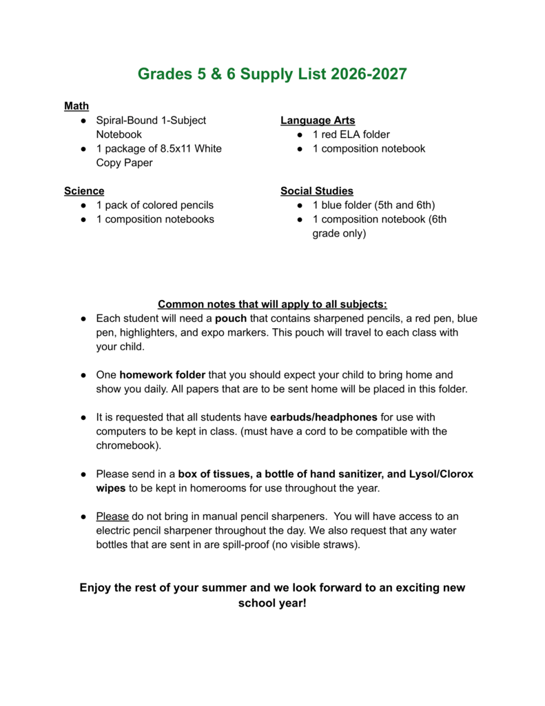 K-8 Supply list