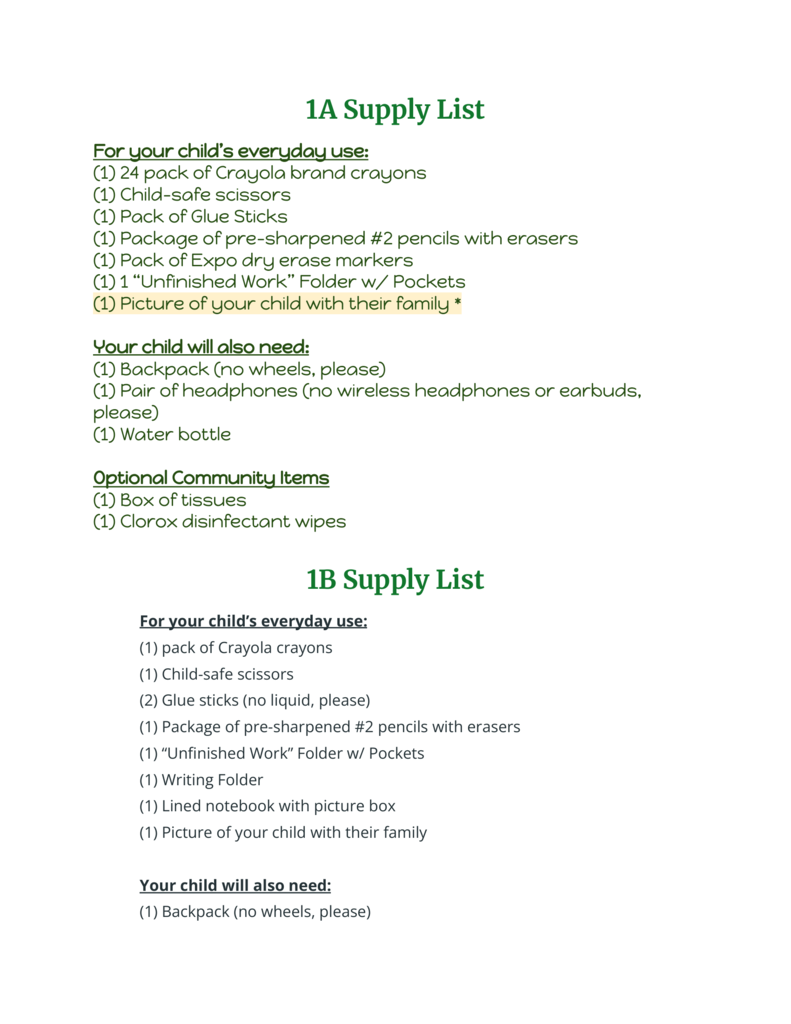 K-8 Supply list