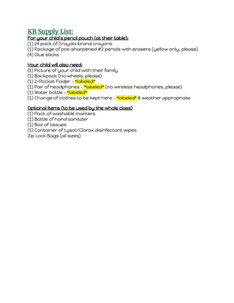 K-8 Supply list