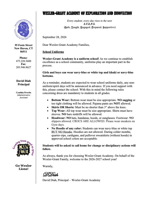 Wexler Grant Academy Parent Letter re: School Uniforms