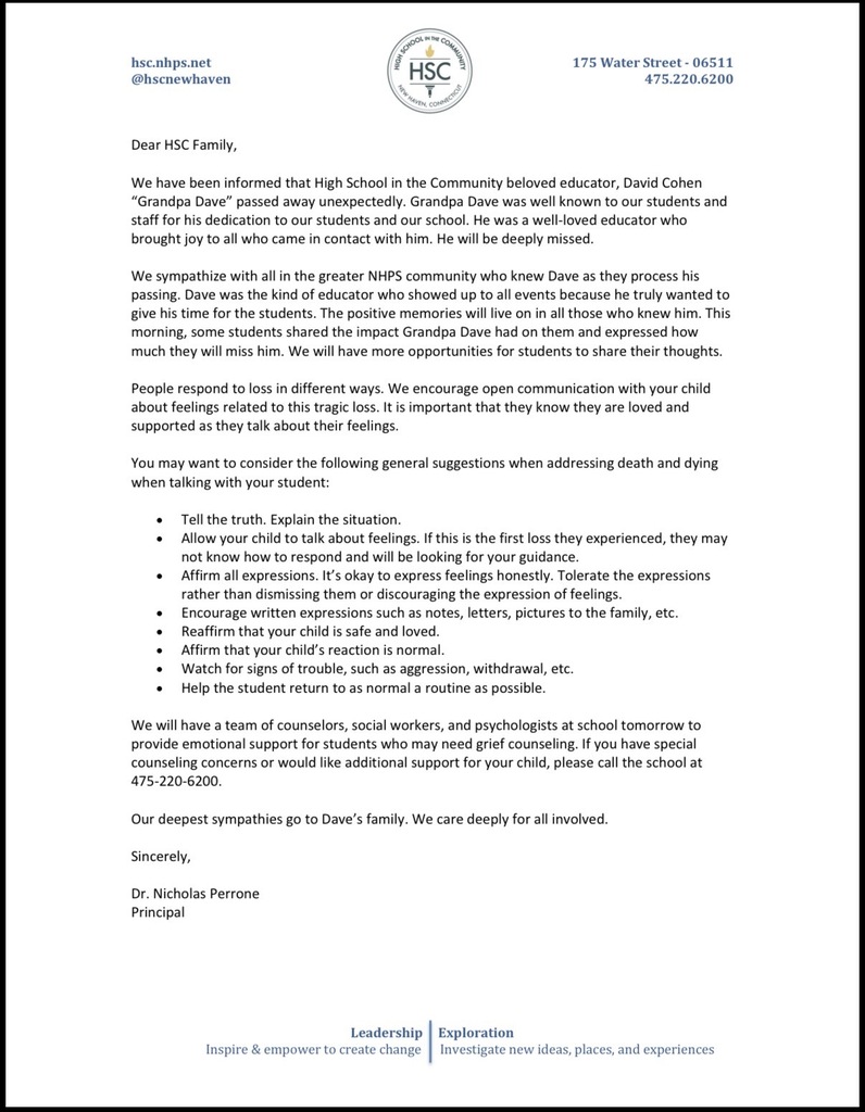 Letter to HSC families