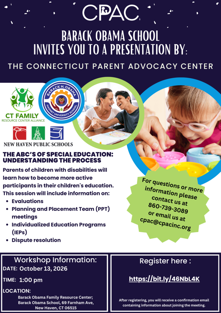 The Connecticut Parent Advocacy Center (CPAC) is coming to Obama on October 13th at 1 pm to give a presentation on how parents of children with disabilities can become more active participants in their children's education. This session will include information on: Evaluations, Planning and Placement Team (PPT) meetings, Individualized Education Programs (IEPs), and Dispute Resolution.  Register Here: https://bit.ly/46NbL4K