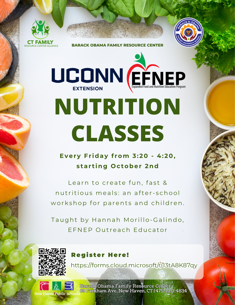 UCONN Nutrition Classes Every Friday from 3:20 - 4:20, starting October 2nd.  Learn to create fun, fast & nutritious meals: an after-school workshop for parents and children.  Taught by Hannah Morillo-Galindo, EFNEP Outreach Educator.