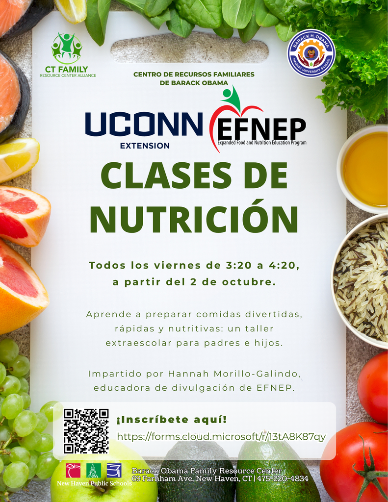 UCONN Nutrition Classes Every Friday from 3:20 - 4:20, starting October 2nd.  Learn to create fun, fast & nutritious meals: an after-school workshop for parents and children.  Taught by Hannah Morillo-Galindo, EFNEP Outreach Educator.
