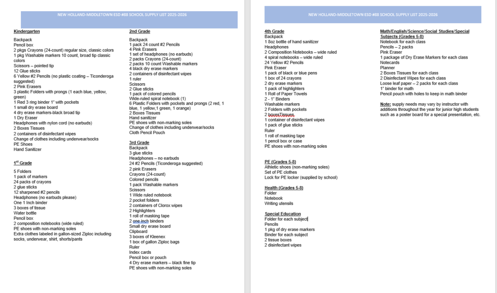 2025-2026 School Supply List
