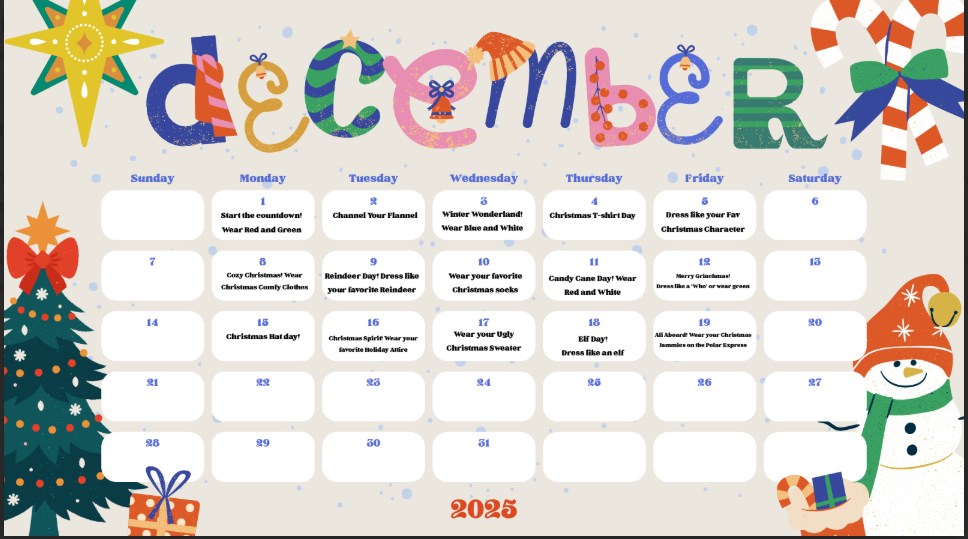December Dress Up Days Calendar