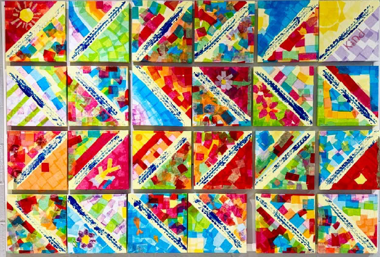 Artwork of different tile art pieces with a variety of colors created in collaboration with Mikayla's Voice