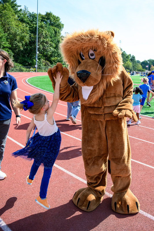 student giving lion mascot a high five