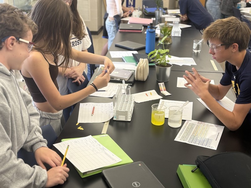 8th Graders working on acid and bases lab in science