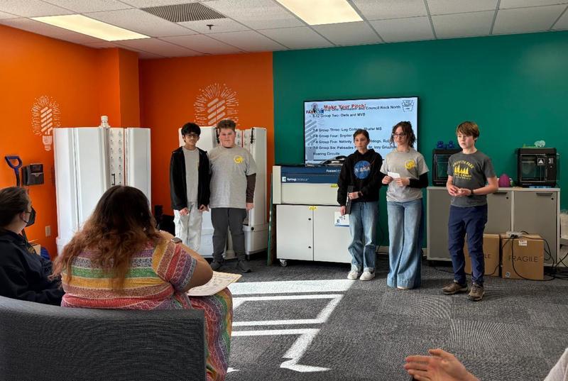 7th graders presenting about their Fab Lab