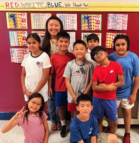 kids wearing red, white and blue
