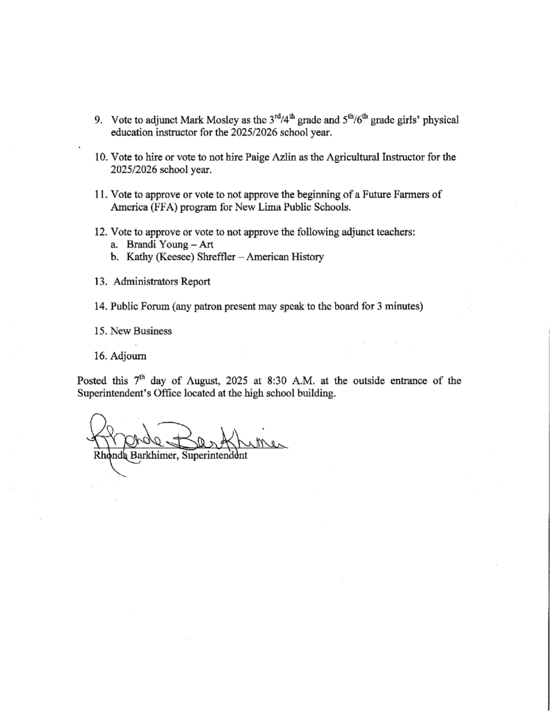 Special Board Meeting Agenda