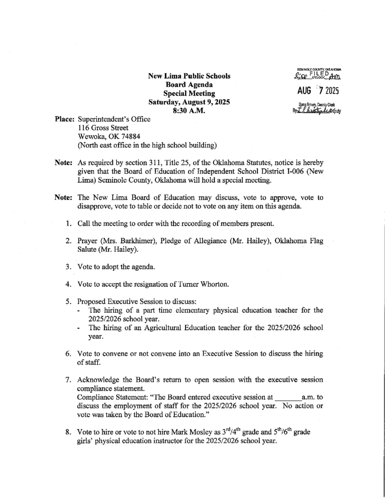 Special Board Meeting Agenda