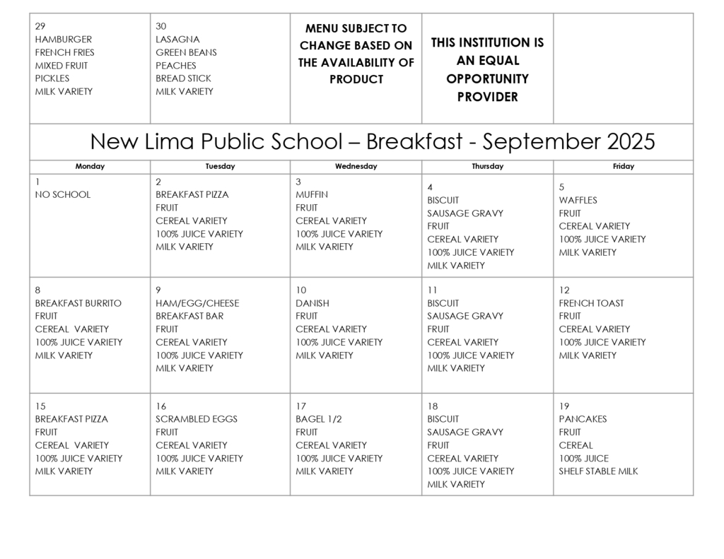 Sept. Menus