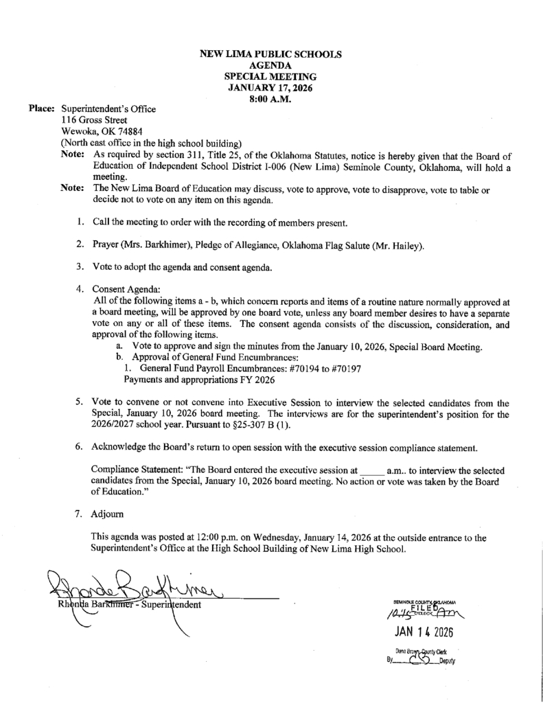 Special Board Meeting Agenda