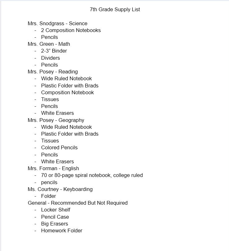 7th Supply List