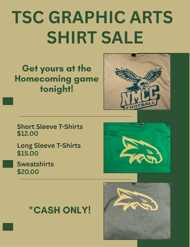 Flyer with pictures of shirts that will be for sale at the homecoming game.