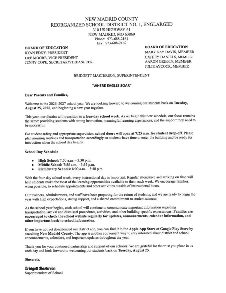 Letter about back to school from Superintendent 