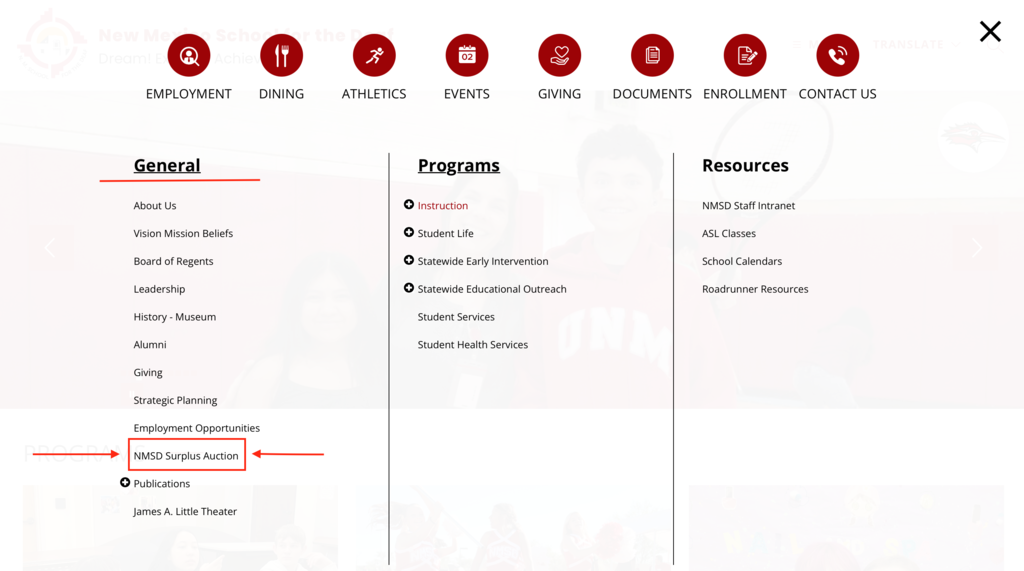 Auction information is found under the General tab on our website