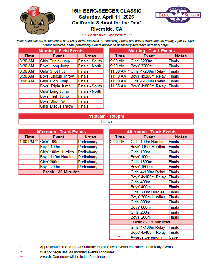 Berg ad Seeger Schedule