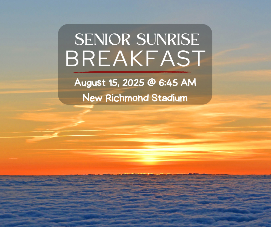 A sunrise over the water with text informing students about the senior sunrise breakfast on August 15 at 6:45 a.m. in the stadium