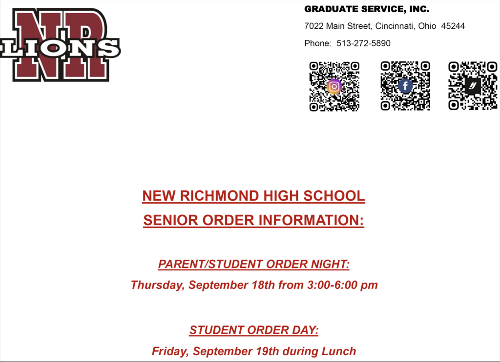 NRHS Senior order info parent student order night is Thursday, september 18 from 3 to 6 and student order day is september 19 during lunch