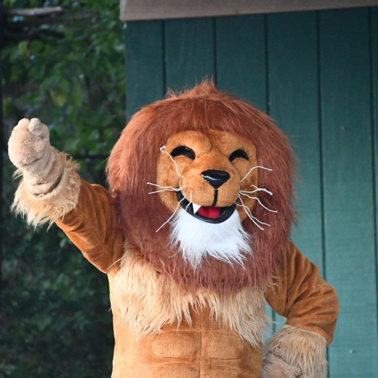 The NR mascot dances on stage 